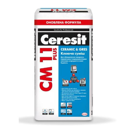 Клей для плитки Ceresit CM 11 Plus 25 кг – морозостійкий, клас C1 T